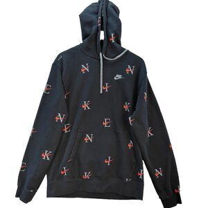 Nike Hoodie Mens Large Tall Black Graphic Y2K AOP Club Fleece Sweatshirt DV9601